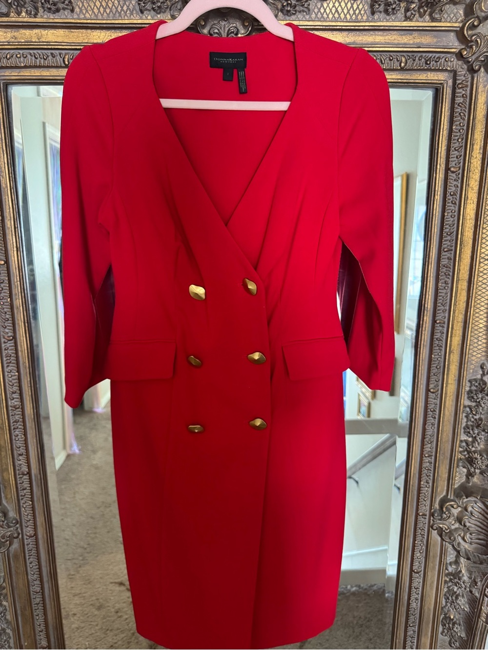 Donna Karan Red Double-Breasted Midi Dress with Gold Buttons